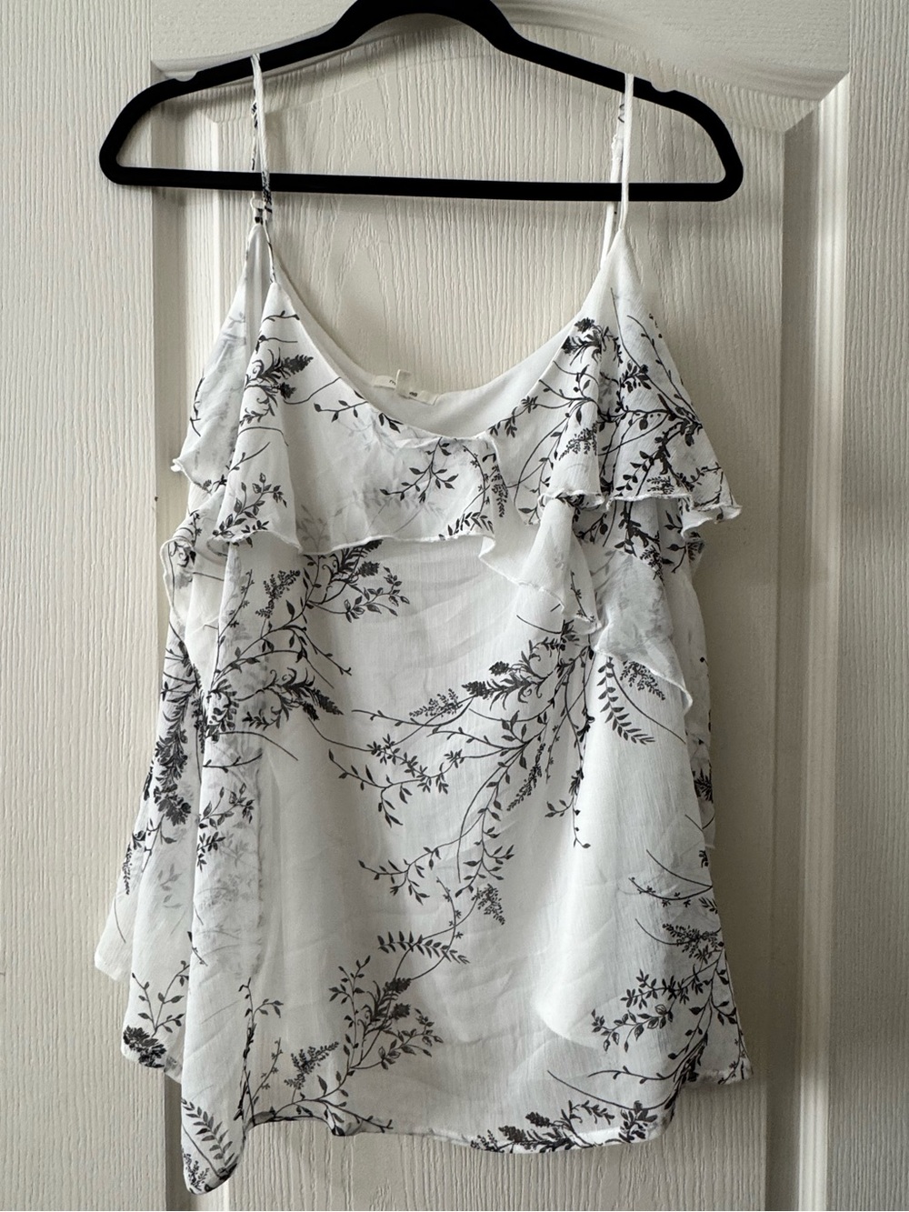 Maurices 3X White Cami with Black Floral Print and Ruffle